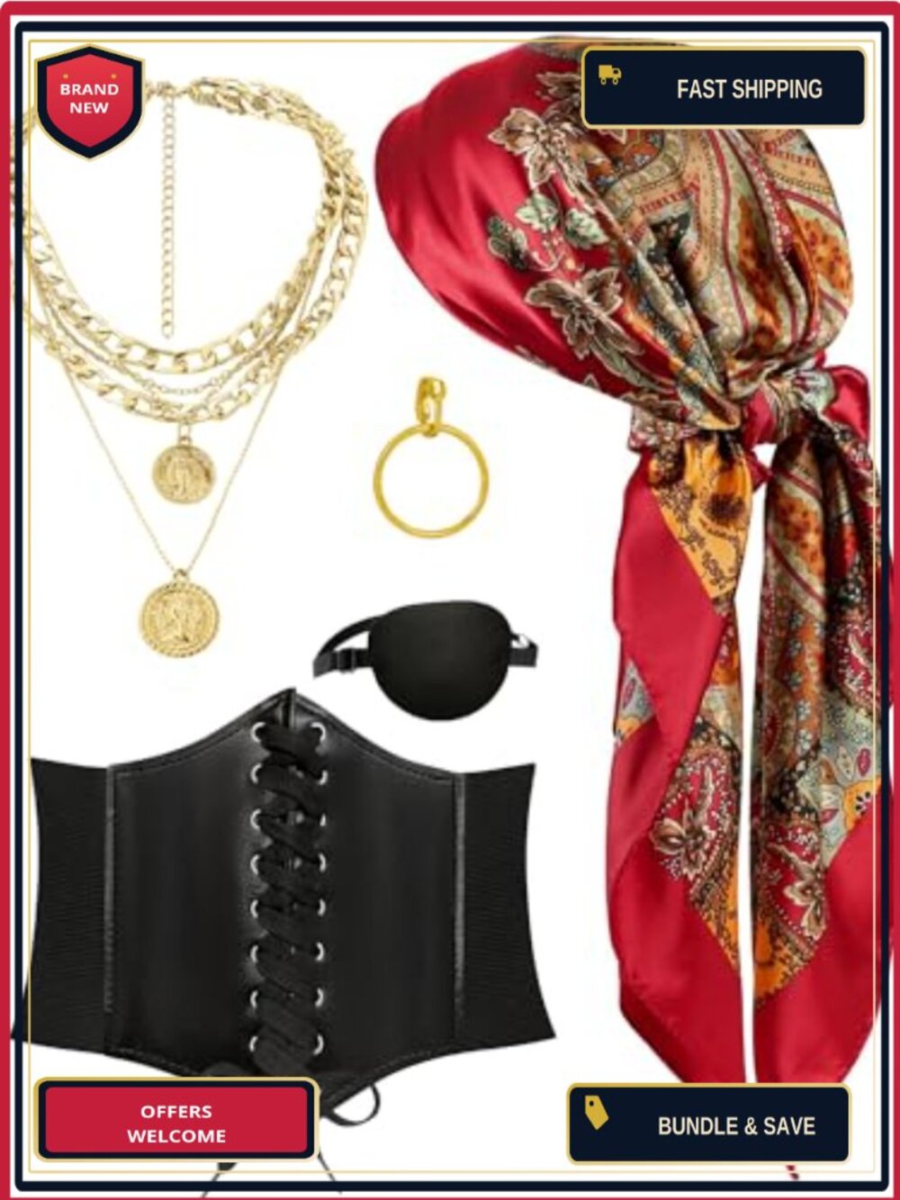 Pirate Costume Women 5Pc Set Satin Bandana Corset Eye Patch Necklace Earring